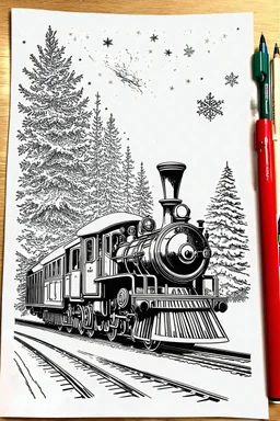 coloring page of a Christmas drawing, A4, white background, black and white, magical style, dreamy, detailed drawing, christmas train