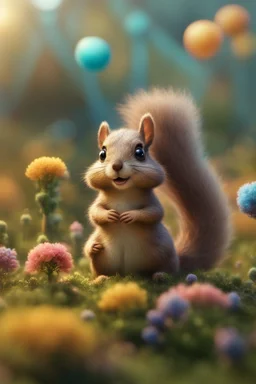 plexi glass tower, portrait of a cute fluffy wolly squirrel with an open parachute holding weird flowers in the style of pixar, on a strange planet with weird colors and wind turbines, bokeh like f/0.8, tilt-shift lens 8k, high detail, smooth render, down-light, unreal engine, prize winning