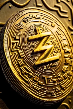 Up close image of A big golden coin with the crypto symbol tz written on it