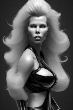 Kim Basinger in black leather gown, evil,energetic, villain, busty, cleavage, curvy, angry, happy, stern look. character design by cory loftis, fenghua zhong, ryohei hase, ismail inceoglu and ruan jia. unreal engine 5, artistic lighting, highly detailed, photorealistic, fantasy