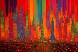 colorful psychedelic painting of city of blinding lights in ancient mosaic art by andy warhol