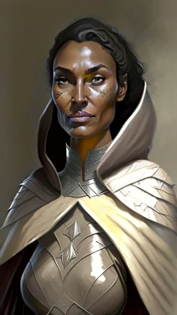 A tall human woman with tanned skin. Her face, marked by the years, always has a smirk on it, showing her superiority in the eyes of the others. She is dressed in grey armor and wears a cape.