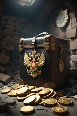 in a LARGE BASEMENT, half-buried in the earth, an ancient, worn-out, worn-out, torn-side valise peeks out, from which gold coins from the time of Catherine the Great fall out. The ancient coat of arms of Russia, the double-headed eagle, is BARELY VISIBLE on the bag. There are a lot of broken bricks and earth around the bag. All in high quality 8K