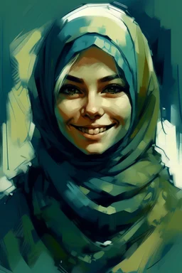 A painting of a smiling beautiful Urdu moslem woman with long dark blue and light green hijab, 22 years old, beautiful big , symmetrical eyes, blond hair, painterly style, detailed, 8k, by Ashley Wood. –ar 2:3 –stop 80 –uplight