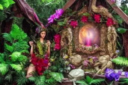 Lilith, Goddess, tropical flowers, heart chamber, crystals, tropical leaves, sacred altar, old temple. Fantasy house.