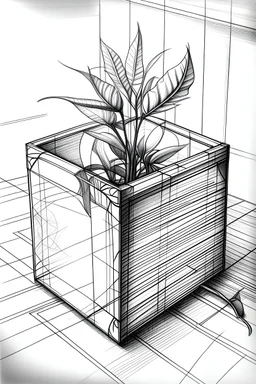 a plant inside a cube pencil sketch