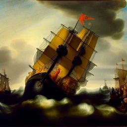 Dibujo de una batalla naval con estilo de Rembrandt