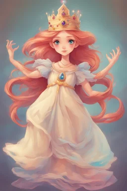 The spirited princess, known for her adventurous spirit. She would wear a vibrant and stylish dress, with a touch of playfulness. Her crown would be a dainty and whimsical circlet, adorned with colorful gemstones.