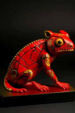 An orangish red fire elemental chameleon designed in Maori sculptures painted by Piet Mondrian
