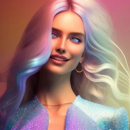 white woman glitter smiling long blond hair blue eyes in a galactic ambiance, delicate colors in the foreground, full of details, smooth, light effect，vaporwave colorful, smooth, extremely sharp detail, finely tuned detail, ultra high definition, 8 k, ultra sharp focus