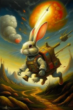 military bunny dragon breath fire wearing rocket backpack jet boosters going in for landing, prize winning oil painting