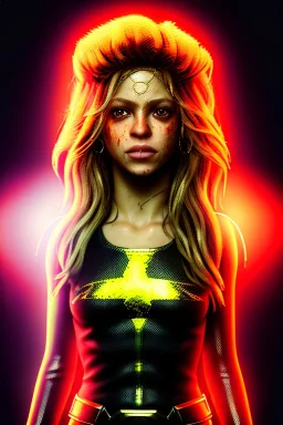 portrait, Shakira, blonde, angry, Realistic image, superhero, retro watchmen style, gold make-up, blood, sweat, fog, goddess style, Neon colors, leds. Black background, photo studio, concept art, smooth, unreal engine 5, god lights, ray tracing, RTX, lumen lighting, ultra detail, volumetric lighting, 3d, finely drawn, high definition, 4k.