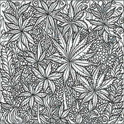 coloring page with A whimsical cannabis forest with marijuana leaves as trees. bold lines, very simple