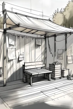 A sketches for A small stage in an university campus outdoor with a hanged random stuffs with shadows on the wall for the hanges stuff