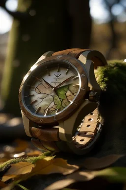 Picture a frosted watch inspired by nature, incorporating elements like wood and leaves into its design. Place it in a serene forest setting with dappled sunlight filtering through the trees."