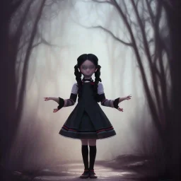 Jenna ortega as wednesday with wednesday addams dress, overknee socks, painted by artgerm and tom bagshaw, fantasy art, dramatic lighting, highly detailed oil painting, volumetric lighting