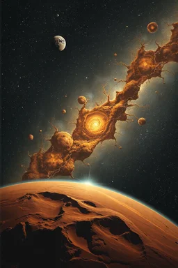 neurones in the galaxy with earth and other planets in it,Bosch painting style, show a shot of a view of Mars surface