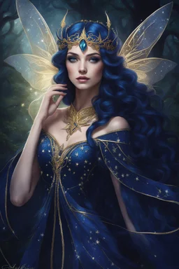 Midnight blue,Dark blue hair,night,dark fairy princess ,elven crown,elven ears,sparkle,glitter,lillies of the valley,gold armor,dragonflies,rapunzel hair