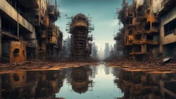 doubt of logic, tectonic cityscape clove, puṣkaracūḍa, made of scrap metal and thick liquid olive oil and rusty sprockets, split image, rounded forms, amazing reflections, excellent verticals, industrial vibe, police juxtaposition, digital art, shinigami, gomicore, dreadlocks, arafed aspects, samurai butter, ugliness in beauty