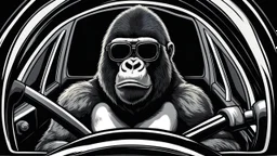 Gorilla wearing thick glasses driving a car. Illustration in the style of Ed Roth.