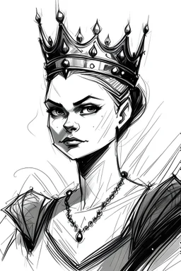 sketch of a young evil queen that is feeling giuly but trying to pretend she is brave and she can work through it