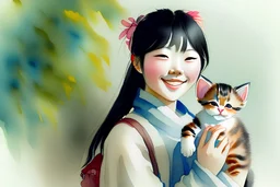 A cute smiling Korean girl is holding a kitten. Watercolour