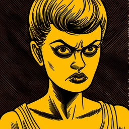 vintage sketch of angry, tanned skin, short haired woman at night