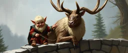 a blonde fluffy gnome quickling kobold gremlin that looks like the opposite of a vampire in bunad leaning on an elk, holding his horns, all on a stone bridge, in the style of master painter