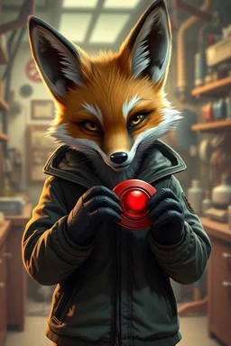 Realistic anthro small fox with a jacket holding a red button detonator in his hands are fox paws, the background is a laboratory with lots of technologic stuff