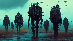 Army of the dead marching, post apocalyptic Harsh clothing, ((holographic grunge cyborg robot army)), RAW, gritty, high exposure, high contrast, analog indie horror, (science fiction painting, Simon stålenhag, Denis Sarazhin, Alex Colville, Romain Trystram, Christopher Shy, Alejandro Burdisio, Tye Martinez, ominous sky), metaphysical art, obscured, RAW, GRITTY, dread, retrospective art, dusk, low light, techno gothic, narrative art