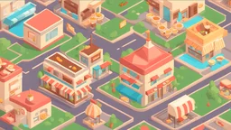 illustration for game. a lot of miniature restaurants per block as a city. vector isometric 3d style. HD.