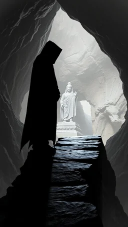 A hooded creature shadow standing on a narrow black stone path above the ground in a cave which has a big god statute