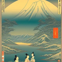 Ukiyo-e styled art, stream, mountain, sun, family on a boat