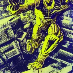 wide shot, [Samus Aran] in power suit by Barry Windsor-Smith, full-body