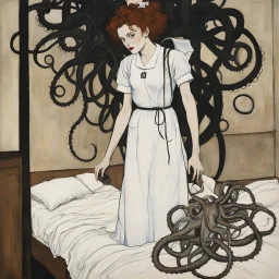 [poster of a Nurse surrounded by tentacles by Egon Schiele] The White Nurse enters in the dimly lit bedroom, shadows danced ominously across the walls The room is filled with terror as the monstrous presences beneath your bed stirred and twisted, its eerie limbs and tentacles creeping out into the moonlit room. Just as fear threatened to consume you, a soft, soothing voice cut through the darkness.