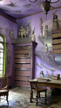 A light purple Indonesian library with fairies painted by Salvador Dali