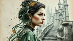 old canvas, layered, mixed media, embossed, double exposure, light watercolor, glitter, medium ground, depth of field, brightness, highlights, light effects, gothic woman portrait, gold shards, staircase, ancient castle, gray green fragments, fuzziness, layered, blending, textured, 3D, 8K, best quality, fine rendering, precise rendering, high detail, hyperrealism, high resolution, high definition, multilayered, pinpoint sharpness, hyperfocus, vignette, textured painting