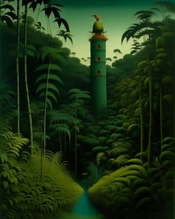 A bluish green tower in a toxic jungle painted by Henri Rousseau