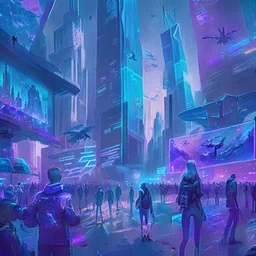 A group of people gather in a futuristic plaza, surrounded by towering skyscrapers and holographic advertisements. The plaza is filled with blue and purple light, and flying vehicles can be seen in the background.