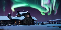 Medieval fantasy small Cattle farm in a bleak cold land, northern lights