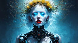 old worn paper, Ethereal bald white woman with thorns, thistles and plant roots on her head, cyberpunk biomechanics digital painting depicting a glowing woman with robotic features, combining human and artificial elements in a gripping sci-fi scene with intricate details and a cinematic atmosphere. Red lips, gold fragments, silver particles, wind, swirls, glare, glow from within, 8K, fine rendering, high detail, hyperrealism, high resolution, multi-layered, hyperdetail, hyperfocus,