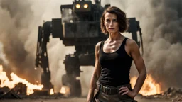 ducking beautiful slender caucasian female technician with a knife, looking away from camera, black tank top, well toned muscles, weathered face, scratched sand camo metal details, short brunette wavy bob haircut, dystopian, postapocalyptic city scene with smoke and explosions. giant robot in the background