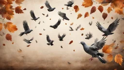 Hyper Realistic Dry Autumn Leaves blowing & pigeons flying on a vintage rustic background