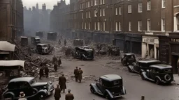 1940s London street with bomb damage, injured people, vehicles, ambulances, fire engines, wartime, full colour