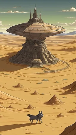 a big ufo hovering above and wolfs in the forgotten desert in medieval times, in anime style