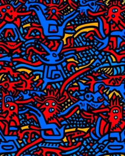 A dark blue demonic empire with jagged horns painted by Keith Haring