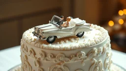A hyper-realistic, detailed photo of a massive, elegant single-tier wedding cake. On top of the cake, there is a luxurious vintage open-top convertible toy car, made of fondant or edible sugar. Inside the car, sitting happily, are a tiny bride and groom doll. The cake is beautifully decorated with intricate white and silver icing, sugar pearls, and delicate floral patterns. The scene is lit with soft, warm studio lighting, creating a magical and joyful atmosphere. Shallow depth of field, focusin
