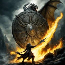 Frail squire wielding a giant medieval shield against a dragon shooting fire from its mouth, by Luis Royo and Boris Valejo, shield-core, beautiful, dramatic, cinematic, stunning