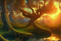 Great landscape, nature at sunset, Paradise Lost, spiritual, surreal, trees, fine art, tan skin, Vincent Van Gogh style, highly detailed, smooth, very sharp focus, illustration, bathing in light, ultra realistic illustration, close-up