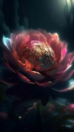 epic a full-size photo of a peony flower with innumerable petals, front illumination only, forest background, magic wake, fantasy illustration, sparks, glitter, grainy, noise, fractal crack effect, cinematic, deep depth of field, 3D, 16k resolution photorealistic, a masterpiece, breathtaking intricate details, reflective catchlights, high quality, abstract vector fractal, wave function, Zentangle, 3d shading